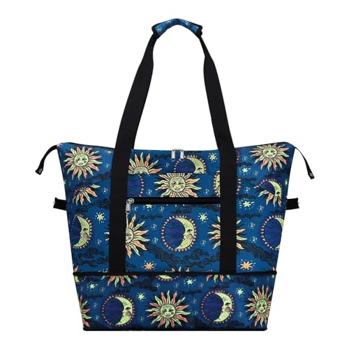 Expandable Duffel Bag for Women with Trolley Sleeve/Wet Pocket Weekender Travel Tote Large Carry On Overnight Luggage - color: Sun and Moon
