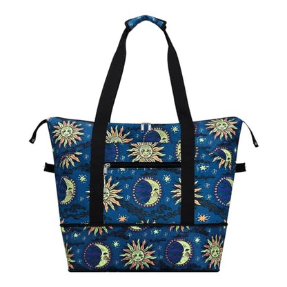 Expandable Duffel Bag for Women with Trolley Sleeve/Wet Pocket Weekender Travel Tote Large Carry On Overnight Luggage - color: Sun and Moon