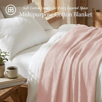 Threadmill Luxury 100% Cotton King Herringbone Blanket, English Rose - color: English Rose, size: King (106" x 92")