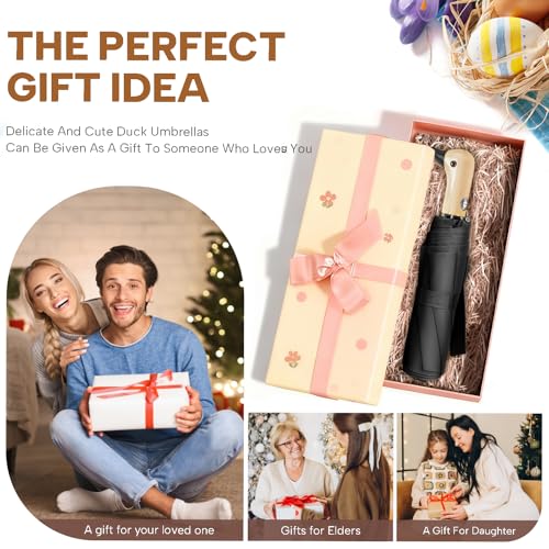 Duck Cute Travel Compact Umbrella Automatic, Wooden Handle for Gifts Women - color: 0.4 Black, size: 23 inch ARC