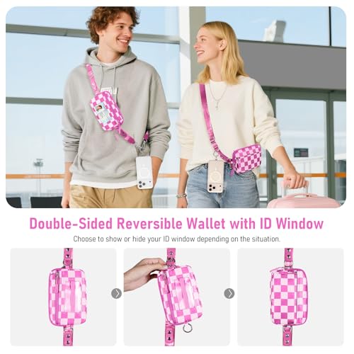 Tiostep Clip and Go Strap for Phone with Wallet Crossbody Phone Lanyard Adjustable and Detachable RFID Wristlet Wallet (Hot Pink Checkered, Large) - color: Hot Pink Checkered, size: Large
