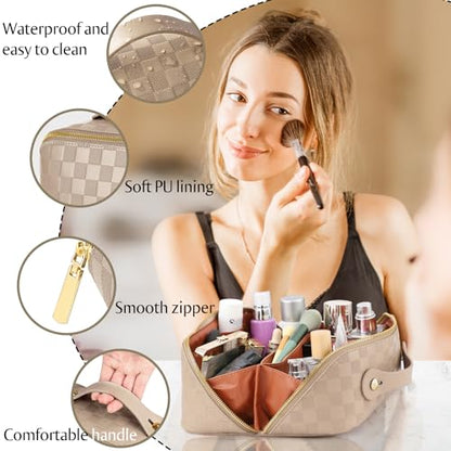 ALEXTINA Travel Makeup Bag, Checkered PU Leather Cosmetic Bag, Khaki - color: khaki, size: Medium