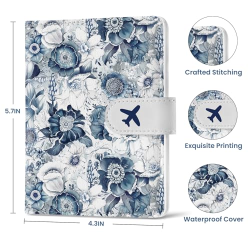 Passport Holder for Travel, RFID Blocking Wallet with Magnetic Closure - color: N-Blueflower