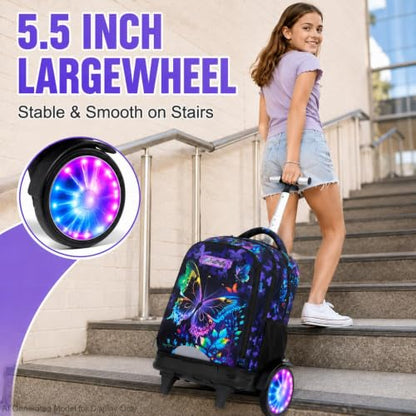 3Pcs Rolling Backpack for Girls with Light Up Wheels, Detachable Large Wheels, Kids Butterfly Wheeled Backpack Set for Elementary School Travel (Black) - color: Butterfly Black