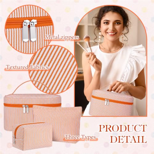 Huhumy 3Pieces Cute Seersucker Makeup Bag Set for Women, Orange, Stripe - color: Orange, style: Stripe