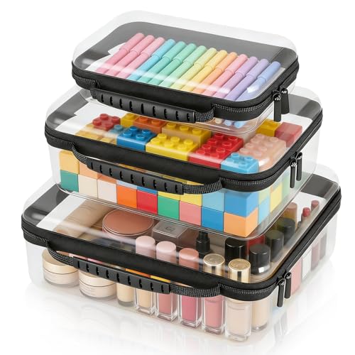 3 Pack Clear Hard Shell Zipper Storage Case Deep Capacity Organizer Pouches - color: Black