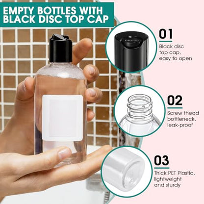 6Pcs 8 oz Clear Plastic Travel Bottles with Black Disc Top Caps for Travel - color: Clear, size: 6 Packs