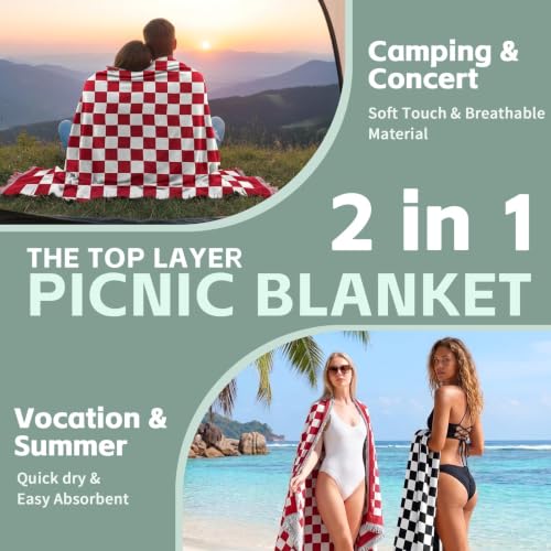 RYCHIC 2 in 1 Extra Large Outdoor Rug Picnic Blanket Camping Mat Lightweight Oversized Giant Turkish Boho Beach Mexican Serape Cobijas Mexicanas para Mesa Park Stadium Outside Festival Grass Hammock - color: Checkered Red