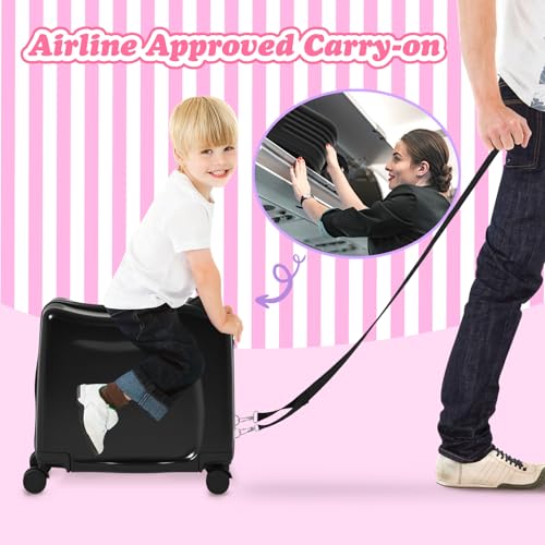 20" Kids Ride-On Suitcase with Rope, Carry-On Luggage with TSA Lock - color: Black