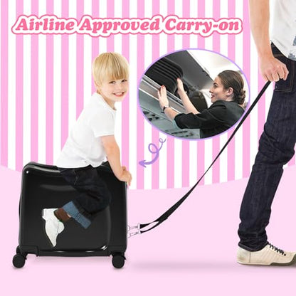 20" Kids Ride-On Suitcase with Rope, Carry-On Luggage with TSA Lock - color: Black