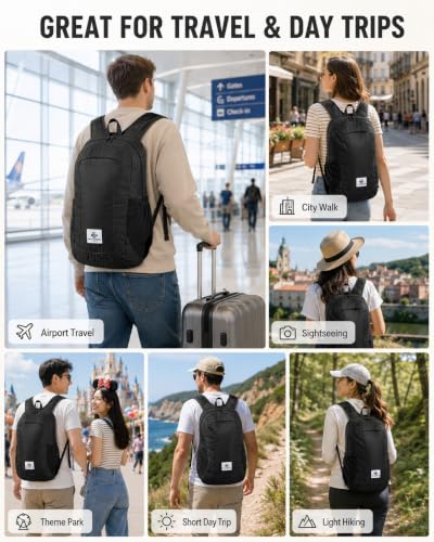 18L Packable Daypack, Lightweight Foldable Backpack for Travel, Airplane Carry On, Hiking, Camping, Water-Resistant Small Backpack for Men Women (Black) - color: Black