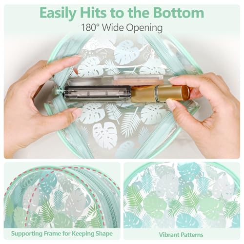PACKISM Clear Makeup Bag Foldable - TSA Approved Toiletry Bag for Travel - color: 2 Pack Green Turtle Leaves Print, size: Hybrid Traveler (1 Large & 1 Medium - Soft)
