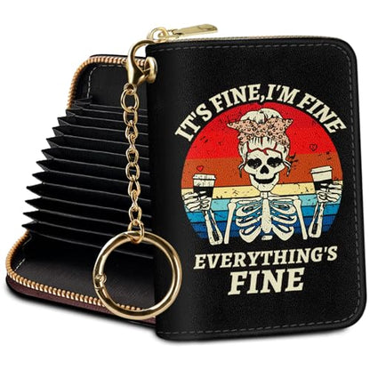 Yonlevres Credit Card Holder RFID Small Wallet Women Keychain Zipper - color: Coffee Skull