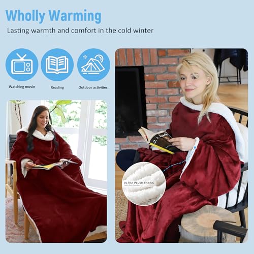 Catalonia Sherpa Wearable Blanket with Sleeves Arms - color: Wine