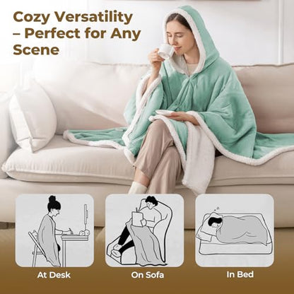 Wearable Heated Shawl Blanket with Hood & Pockets, 56"x63", Light Green - color: Light Green, size: 56"x63"