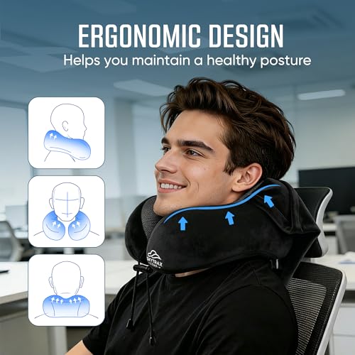 SkytraxComf® Travel Neck Pillow with Hood for Privacy on Long Flights - color: Black