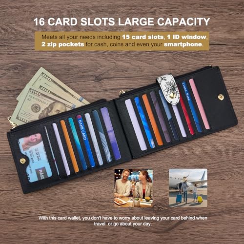 Travelambo RFID Wallet Women Large Size Bifold Multi Card Wallet Case with Zipper Pocke Credit Card Holder for Women - color: Black Bat