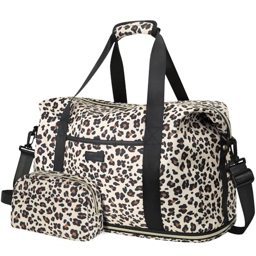 Capolo Expandable Travel Duffle Bag Weekender Overnight Bags for Women Men - color: Leopard, size: Large