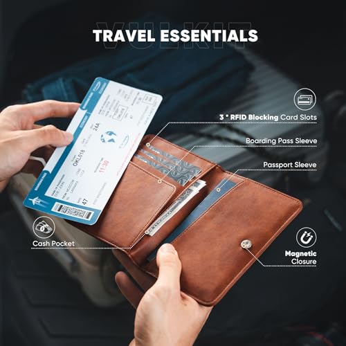 VULKIT Passport Holder Magnetic Closure RFID Blocking Travel Wallet Passport Book Cover Boarding Pass Holder Travel Essentials - color: Brown