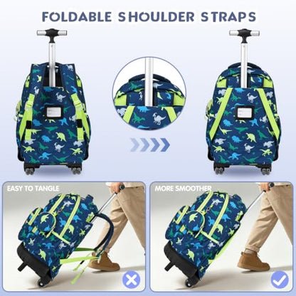 3 PCS Dinosaur Rolling Backpack for Boys Girls with Lunch Bag - color: Green Dinosaur