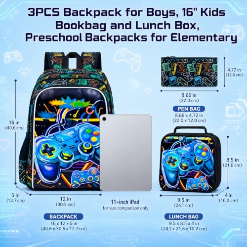CCJPX 3Pcs Backpack for Boys, 16 Inch Preschool Elementary Kindergarten School Backpacks and Lunch Box - color: Aa2-game Grey