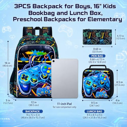 CCJPX 3Pcs Backpack for Boys, 16 Inch Preschool Elementary Kindergarten School Backpacks and Lunch Box - color: Aa2-game Grey