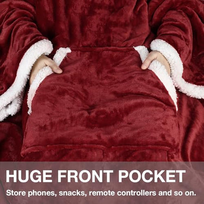 Catalonia Sherpa Wearable Blanket with Sleeves and Kangaroo Pocket - color: Wine, size: Kangaroo Front Pocket