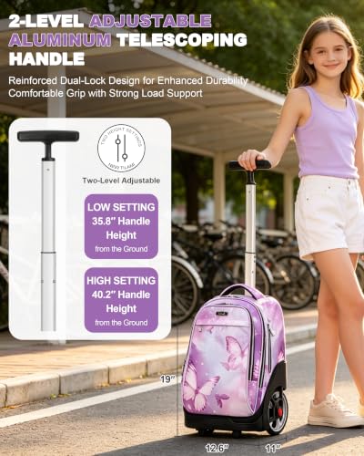 NEW TILAMI 19 Inch Rolling Backpack for School Stair-Climbing, Butterfly - color: Purple Butterfly