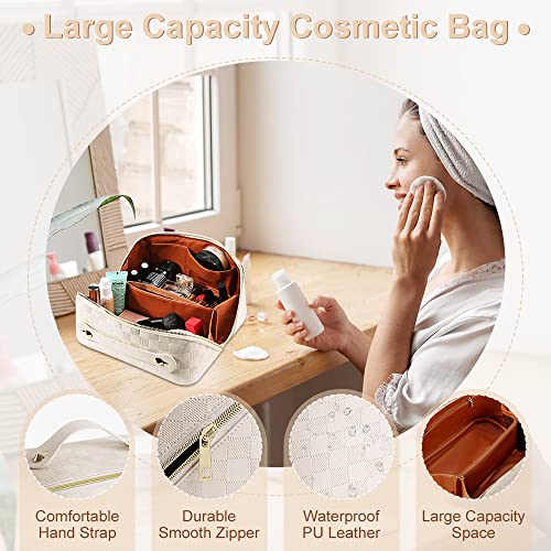 Cessfle Large Capacity Travel Cosmetic Bag Plaid Checkered Makeup Bag Portable Leather Waterproof Skincare Bag with Handle and Divider for Women 01-White - color: 01-White