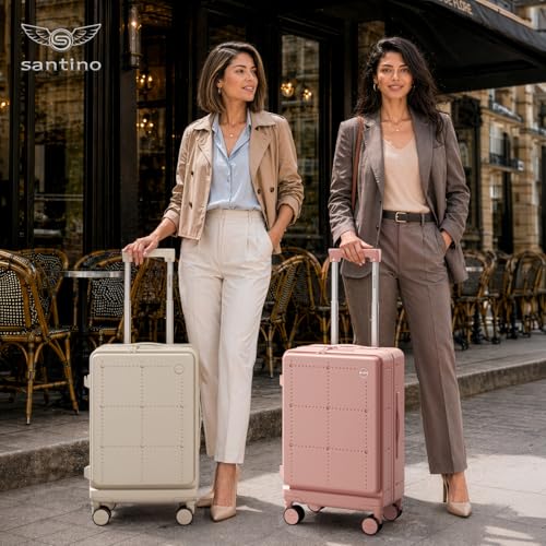 Santino Carry On Luggage 22x14x9 Airline Approved 20 Inch baggage pc Hard Shell Suitcase with Spinner Wheels TSA Lock with USB Port and Cup Holder and phone holder Top Opening Suitcase - color: gray