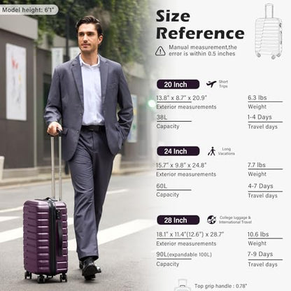Coolife Lightweight Luggage with TSA Lock,Medium Checked Purple - color: Purple, size: Medium(24in)