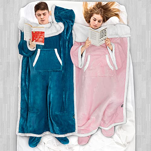 PAVILIA Sherpa Blanket with Sleeves and Foot Pockets for Women Men, Pink - color: Light Pink, size: Sherpa