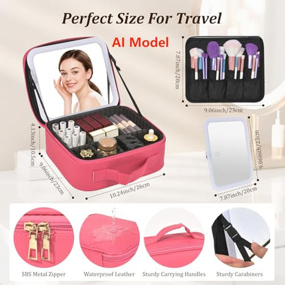 Travel Makeup Bag with Mirror & 8 Adjustable EVA Dividers, Rose Red - color: Rose Red-8 Dividers