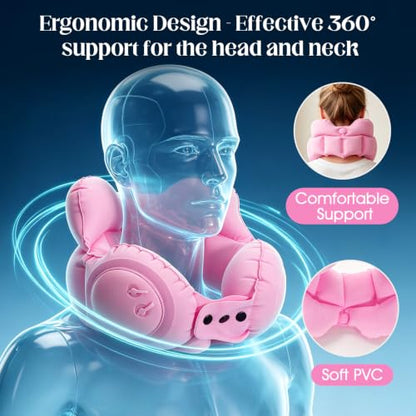 Inflatable Neck Pillow, Portable U-Shaped Travel Pillow with Adjustable Snap Pink - color: Pink