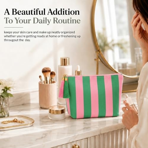 Cosmetic Bag for Women, Pink and Green Stripe Canvas Makeup Bag, Travel Toiletry Organizer - color: Pink and Green Stripe