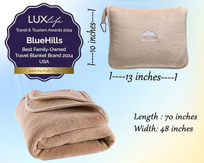 BlueHills Premium Soft Long Travel Blanket Pillow Tall, Airplane - Beige | Tall Travel Blanket Pillow in Bag, Backpack Clip, Ultrasoft Compact & Large, Long Flight Throw, Plane Essential Accessories - color: Beige-long-t053