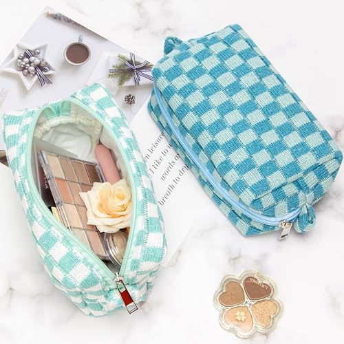 Checkered Makeup Bag for Purse, Small Travel Cosmetic Pouch,Lake Blue - color: Lake Blue