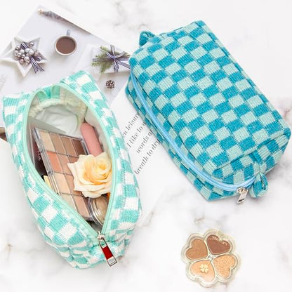 Checkered Makeup Bag for Purse, Small Travel Cosmetic Pouch,Lake Blue - color: Lake Blue