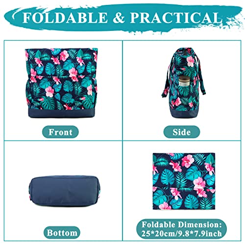 VASCHY Beach Bag for Women, Large Waterproof Sandproof Fold-able Packable Pool Tote Bag w Zipper/Pockets - color: Green Flowers