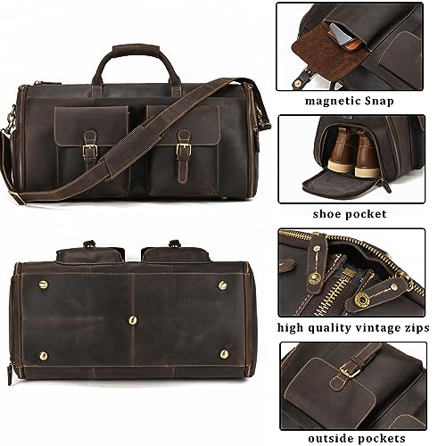 Leather Garment Bag for Men, Convertible Carry on Garment Duffel Bag for Travel Weekender Bag 2 in 1 Hanging Suitcase Suit Bag - color: Dark Brown