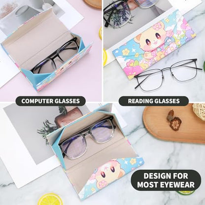 Foldable Glasses Case, Magnetic PU Leahter Sunglasses Case, Cute Hard Shell Folding Eyeglass Cases for Women Kids - color: Multicolor Flower Bear