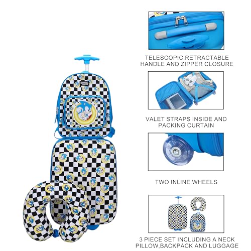 Bioworld Sonic the Hedgehog Kids' 3-Piece Travel Set With Luggage, Backpack, and Neck Pillow - color: Sonic the Hedgehog Blue