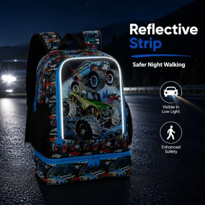 CCJPX 3Pcs Backpack for Boys, 16 Inch Preschool Elementary Kindergarten School Backpacks and Lunch Box - color: Truck 2 in 1