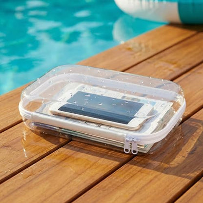 Clear Hard Shell Travel Case with Zipper, Portable Plastic Organizing Pouch, Black Trim, Transparent Storage Container (White) - color: White