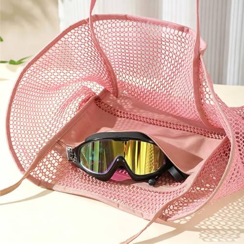 Large Beach Bags for Women, Mesh Beach Tote with Zipper, Foldable Pool Tote Bag Travel Beachbag Waterproof Sandproof - color: Pink - More Pockets