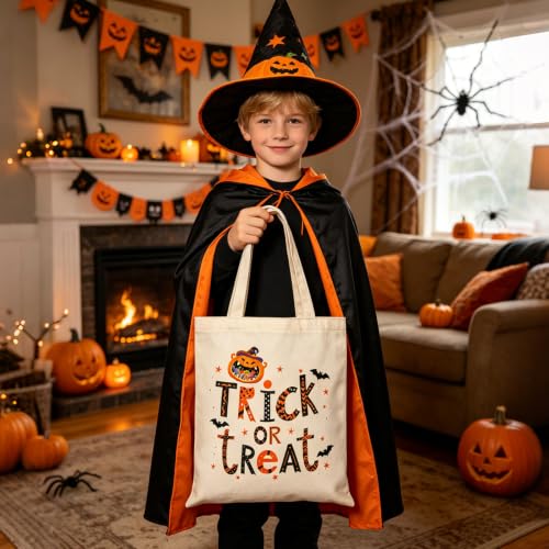 Canvas Tote Bag with Zipper for Women, Halloween Trick or Treat Bags Bulk - color: [A0] Halloween - Beige