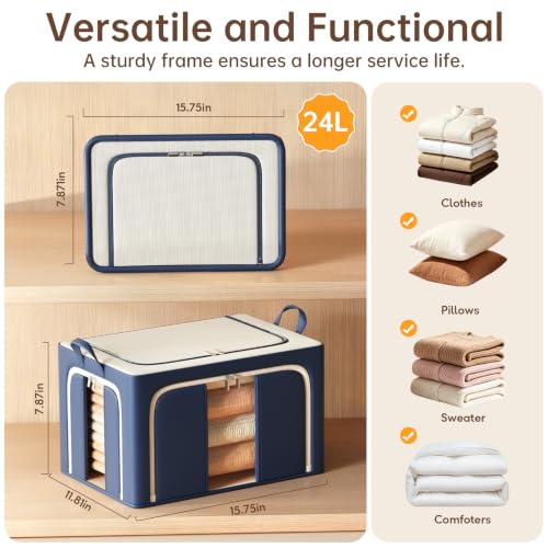 3 Openings Clothes Storage Bins with Metal Frame，24L (navy blue) - color: Navy Blue, size: 24L（15.7“X11.81"X7.87")
