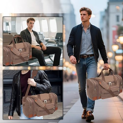 Men'S Duffle Bag For Travel, Expandable Canvas Duffel Bags Overnight Weekend Gym Carry On Luggage Bag For Men(Coffee) - color: Coffee