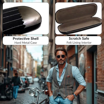 MyEyeglassCase Men Small Glasses case - Eyeglasses Hard Shell Holder Pouch & Cloth-Reading Slim & Narrow Case Heavy Duty - color: Black Tweed