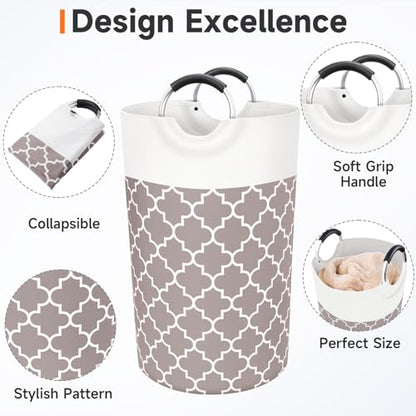 Large Laundry Basket, 82L Tall Collapsible Hamper with Handles, Khaki - color: Khaki, size: 82l